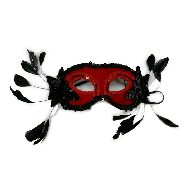 MASQUERADE RED FEATHER EYE MASK ON STICK Womens Fancy Dress Costume Accessory